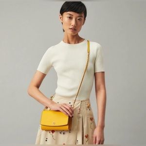 NEW TORY BURCH ROBINSON LEATHER WALLET ON CHAIN CROSSBODY Gold Hardware